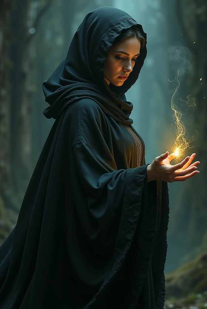 photo of a woman practicing witchcraft with her face turned to the side with a black background