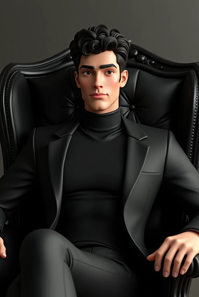 Gorgeous 25 yrs old man with curl hair wearing black turtle neck formal suit sitting in the black royal chair putting the 2 hand in armchair. 3D semi animated portrait full image