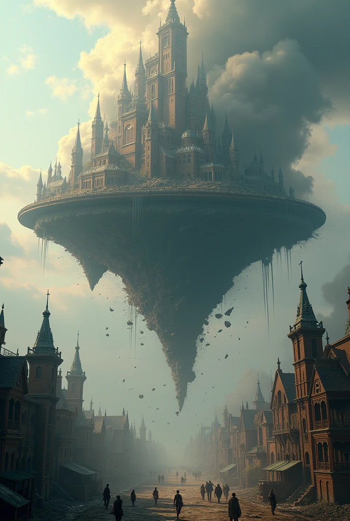 a medieval metropolis on a flying island amidst the clouds, in free fall and being destroyed