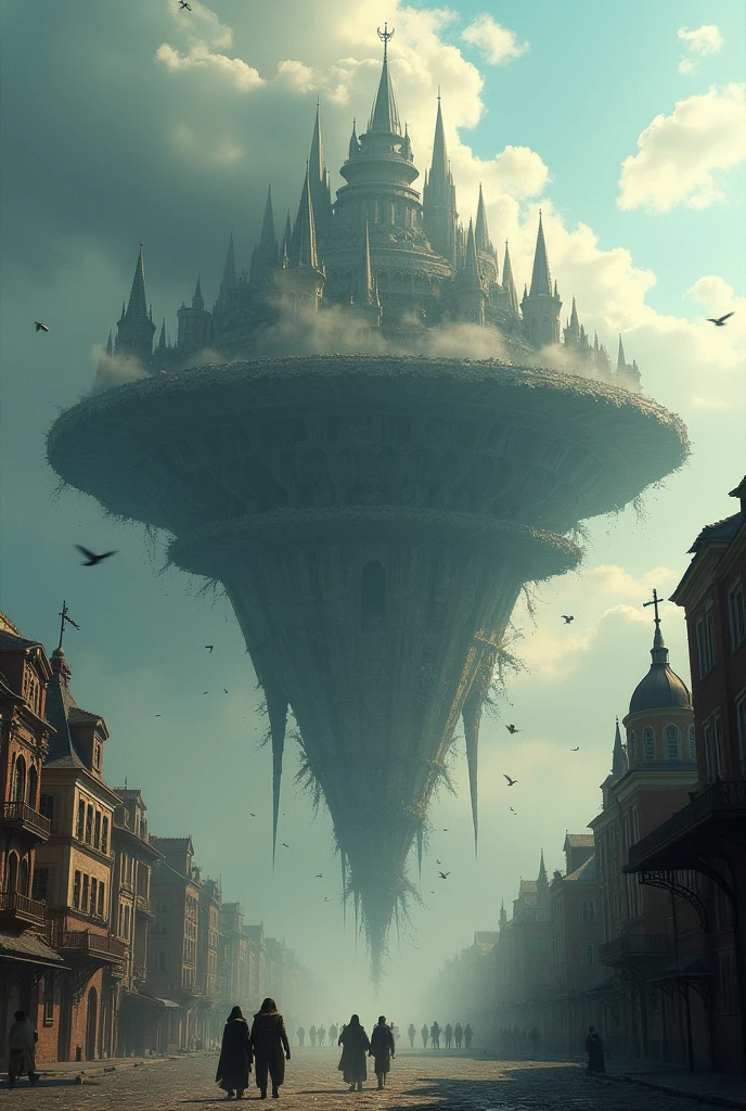 a medieval metropolis on a flying island amidst the clouds, in free fall and being destroyed