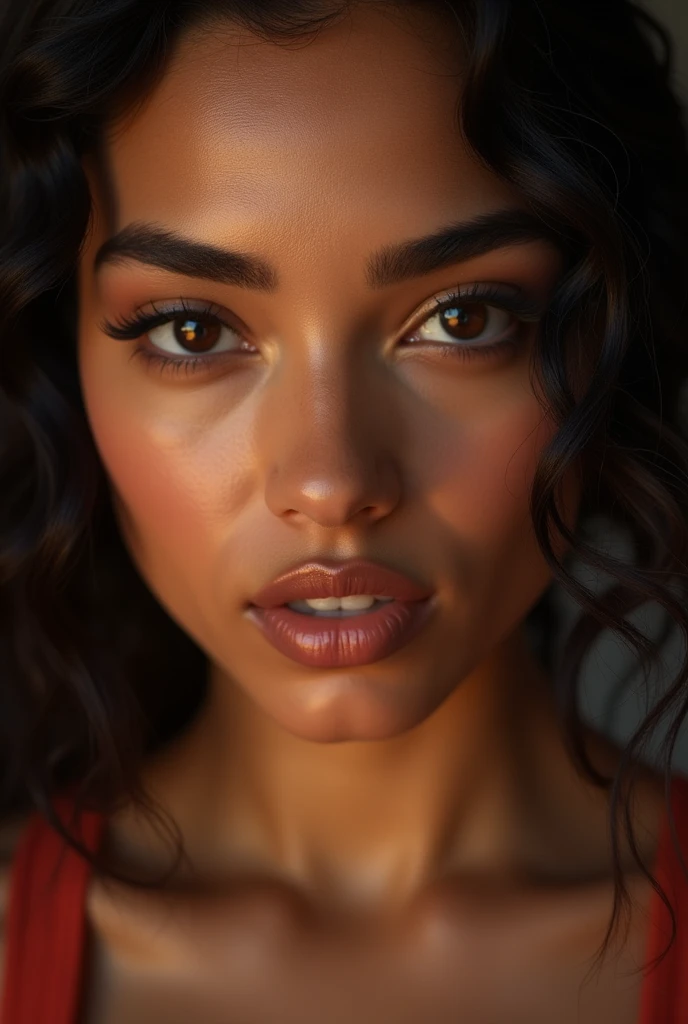 Create a realistic image of a woman with well-groomed brown eyebrows,the woman has to have a striking and seductive look . With mixed-race features, small lips and elongated eyes