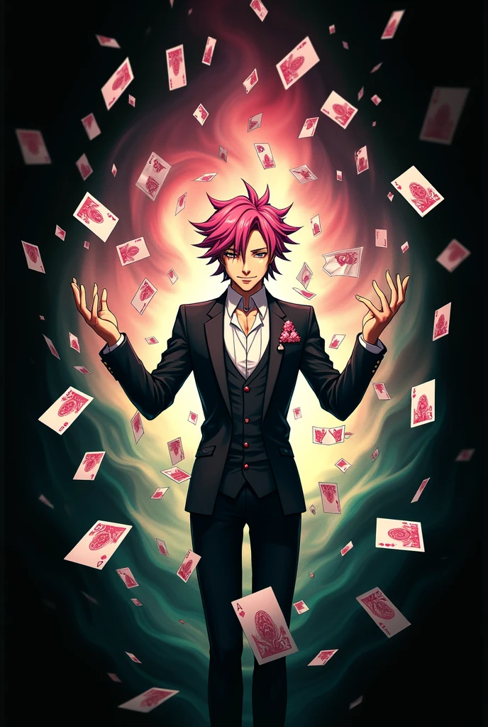 Create an art in the style of this image but of the character Hiusoka from Hunter x Hunter pink hair steals white and pink joker cards like the anime the character is Hiozoka