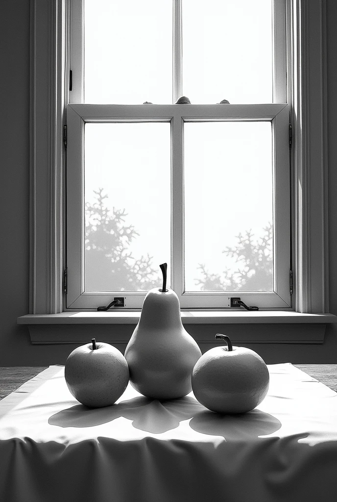 An image of a horizontal still life with a window in the background and a table with a tablecloth below the still life., in black and white the whole image with shading, easy And it should contain at least 3 fruits that can be seen