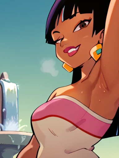 score_9, score_8_above, score_7_above, score_6_above, score_5_above, score_4_above, BREAK, fountain_dibujos cheered ups, fountain_cheered up,1 girl, Chel, black fur, by the wide, blunt bangs, Brown eyes, Dark skin, lipstick, tube top, neckline,( bare shoulders,wide shoulders) , earrings, Police photo, looking at the viewer, arm behind head, armpits, steam, vapor, arm up, raised arm, armpit, (from side, from below:1.4),confused,(show off armpits,upper body:1.4),naughty smile,