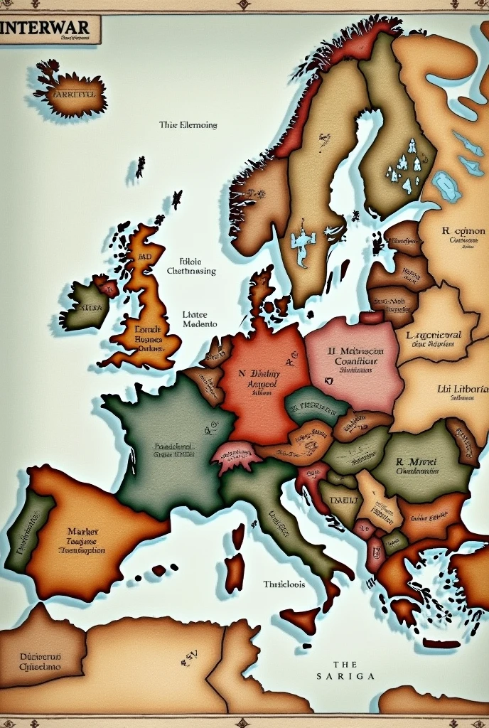 A map of Europe showing key events and countries involved in the events of the interwar period