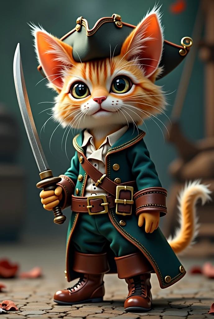 Realistic realistic pixie cat wearing pirate clothes holding a sword, looking forward like humans, realistic, real, high resolution details, full picture like real