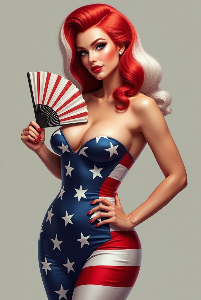 Drag woman Gigi Good stands wearing an American-patterned dress, red and white hair, beautiful face, standing holding a fan.