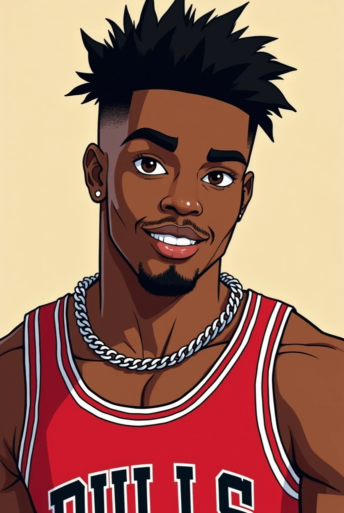Style manga, a 2 black man, frizzy hair shaved on the sides, Brown eyes, flat nose and thin lips. He smiles a little shy but charmingly.. He is wearing a red and white Chicago Bulls tank top.. Autour du cou il a une chaine en argent