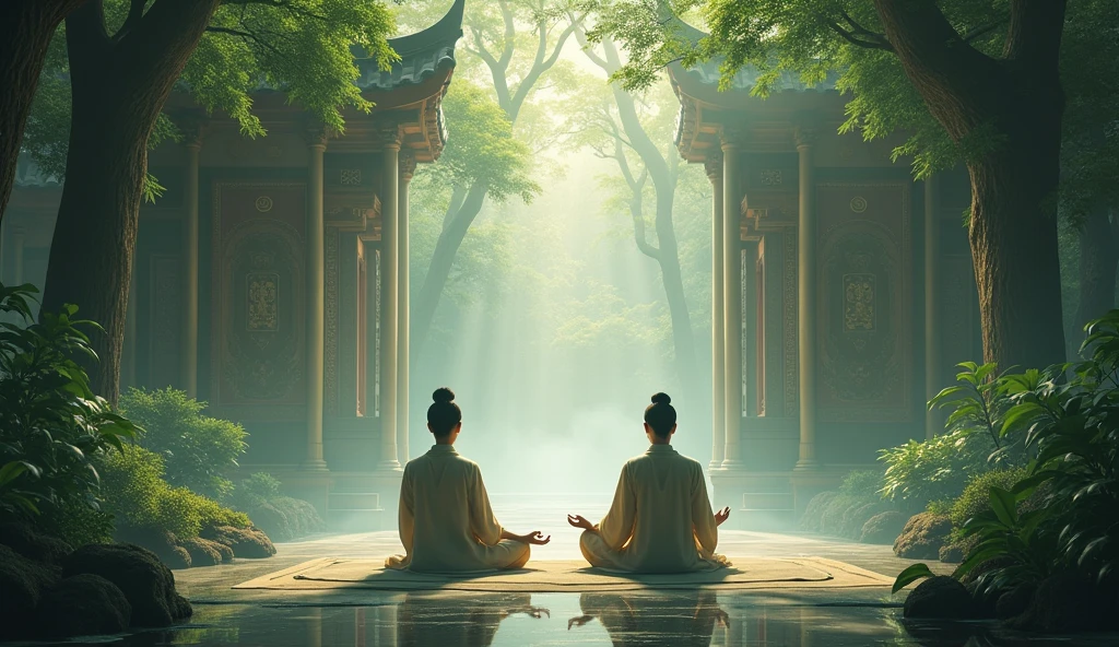 me realistic image of 2 asian meditating in an astral temple with forest