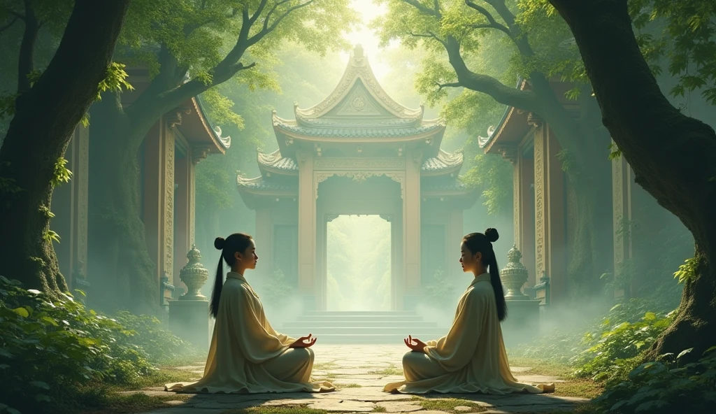 me realistic image of 2 asian meditating in an astral temple with forest