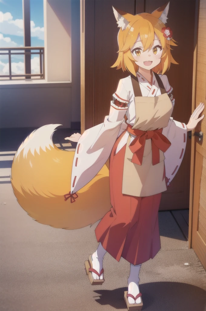 Masterpiece, best quality, perfect lighting, 1girl, solo, senko, orange hair, orange eyes, fox ears, fox tail, flower hair ornament, white miko kimono, tan apron, white socks, geta sandals, smile, fang, arms behind back, thick, huge breasts, 