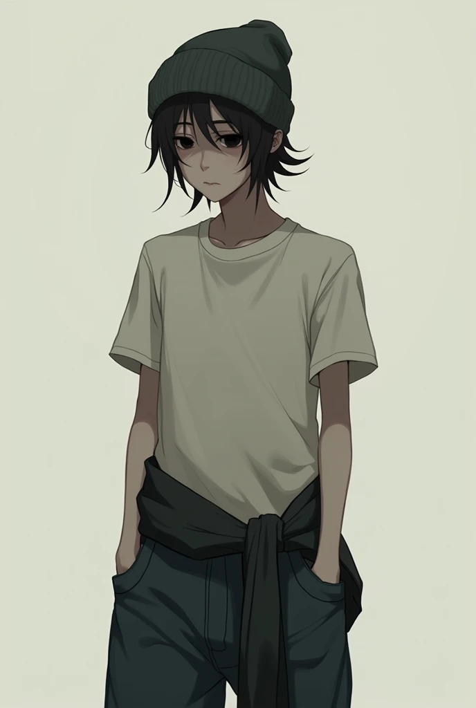 A boyish, downcast man with a knit cap, dark circles around his eyes, skinny, facing forward T-Shirts A single knot at the back of the head where the jacket is tied around the waist Small breasts hands in jeans pockets