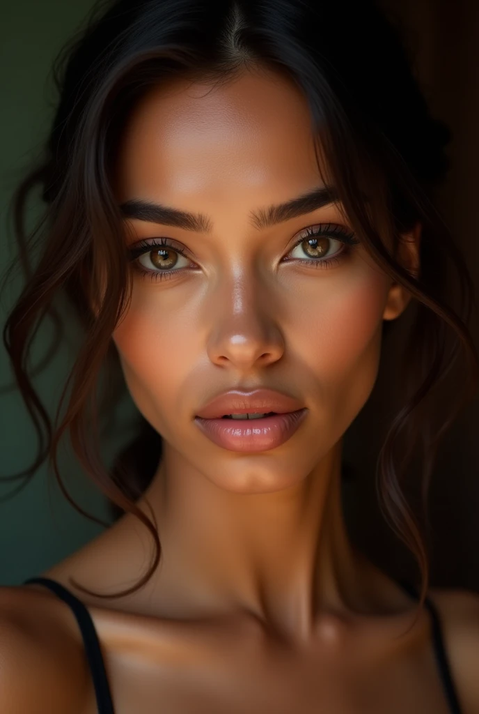 Create a realistic image of a woman with well-groomed brown eyebrows,the woman has to have a striking and seductive look . With mixed-race features, small lips and elongated eyes 