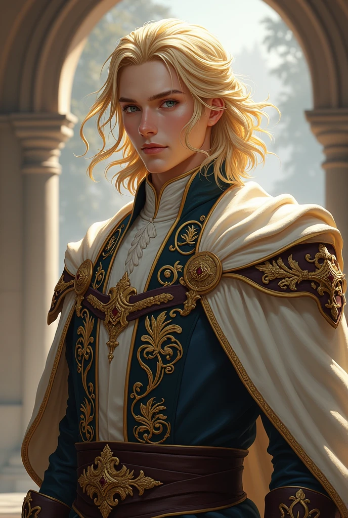 A MALE RPG cleric character of noble lineage, whose appearance is medium long blonde hair with a braid in the front, very sophisticated clothes for a Cleric, has light eyes and white skin
