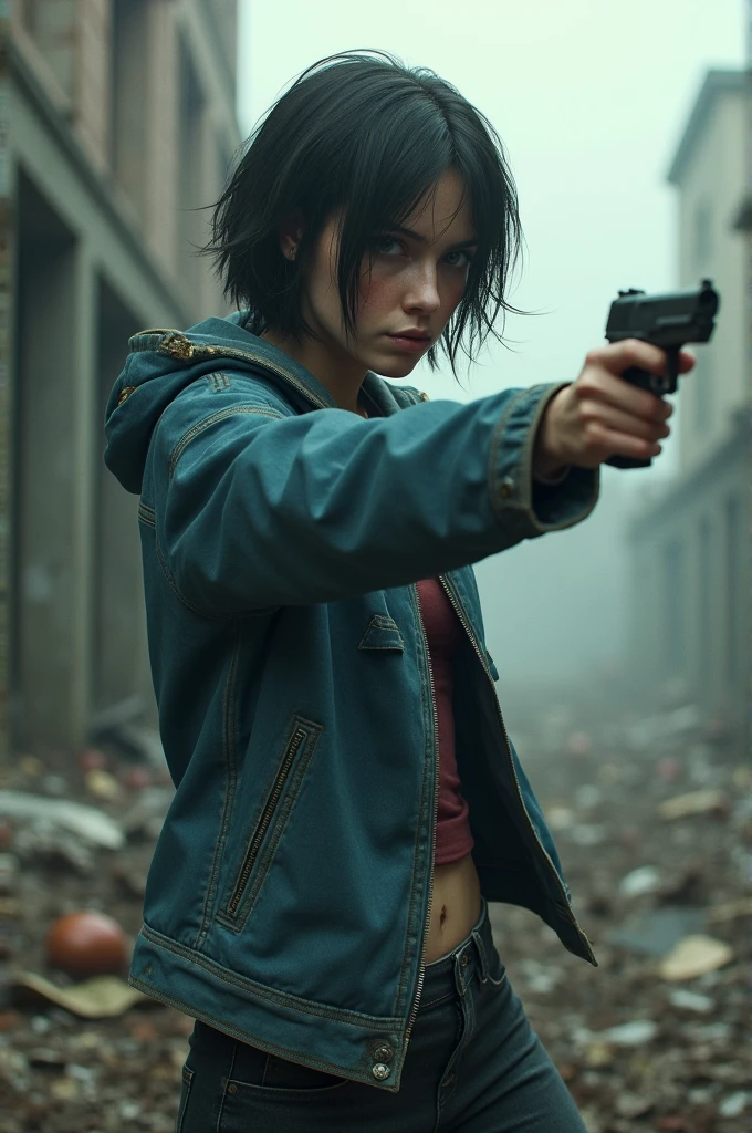 Short haired woman wearing a blue jacket holding a gun she is standing to the side and is in a zombie apocalypse