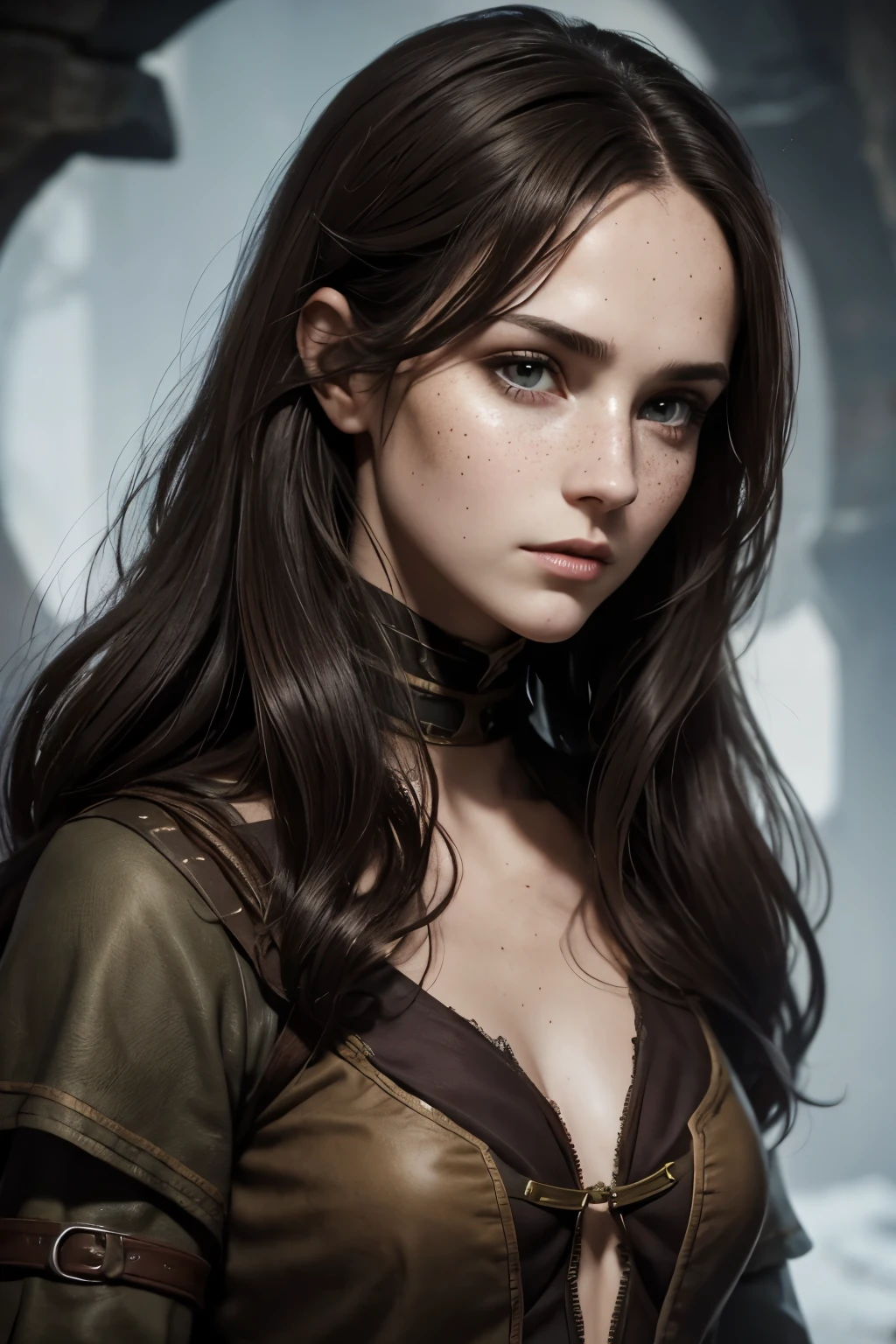 Portrait of a 40years female rogue in a fantasy medieval setting. Extremly pale skin. Liverspots. A narrow and soft face. Long forehead. Very thin barely visible eyebrows. Upturned dark-brown eyes. A very long and wide nose. Curved lips. Freckles. Middle long dark-brown hair. Wavy hair. Long neck. Wearing fantasy clothing of a rogue. Background black. Looking friendly. Kind. Intelligent.