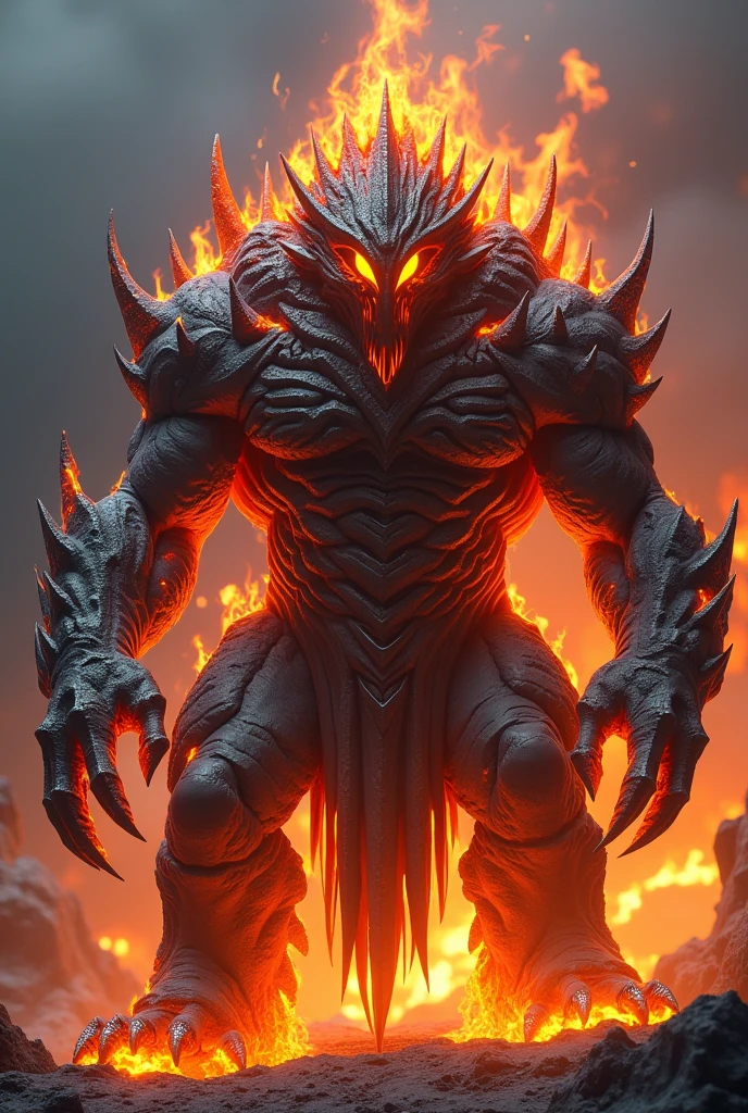 haladro is an imposing creature with a body made of living magma, covered by a shell of volcanic stone. Incandescent peaks emerge from his back, and his eyes are two burning embers that never go out. His hands end in sharp claws, capable of cutting even the hardest metal.