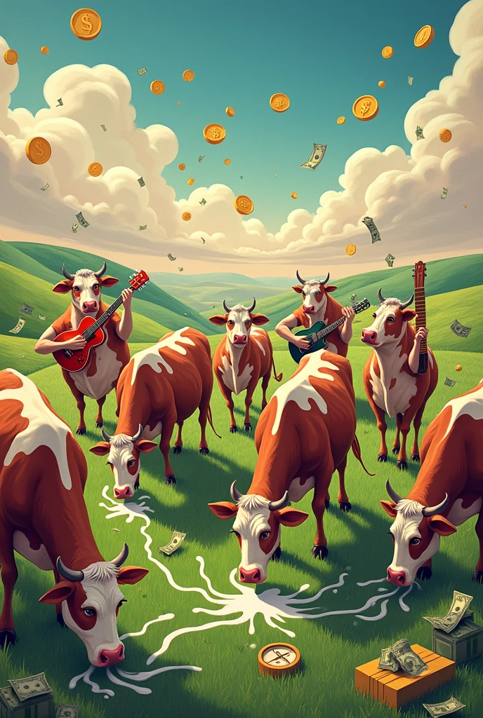 A song cover of a title cash cow with money cows and milk