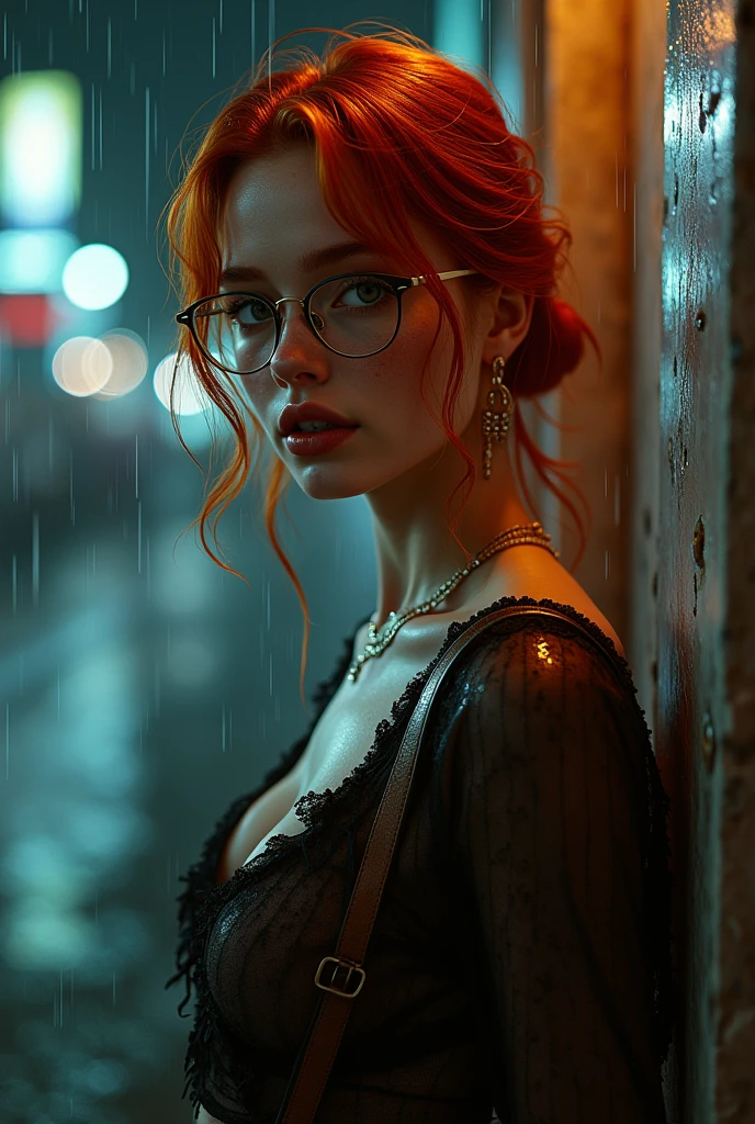 A red-haired female influencer with green eyes, an innocent look and full lips. freckles on her cheeks. medium breasts. A mole on the right breast. rounded buttocks. wears glasses. Sexy. attractive. Full body wide shot from head to toe. in 8k. very detailed, (RAW shooting, Photoreal:1.5, 8K, highest quality, masterpiece, ultra high resolution), perfect dynamic composition:1.2, Night street corner of a modern city, expression of sadness, (((Typhoon heavy rain))), Highly detailed skin and facial textures:1.2, Slim office lady wet in the rain:1.3, sexy beauty:1.1, perfect style:1.2, beautiful and aesthetic:1.1, Fair skin, very beautiful face, water droplets on the skin, (rain drips all over my body:1.2, wet body, wet hair:1.4, wet office tight skirt:1.2, wet office lady uniform:1.3), belt, (Medium chest, Bra is sheer, Chest gap), (cry, lovelorn, The expression on your face when you feel intense caress, Facial expression when feeling pleasure), (beautiful blue eyes, Eyes that feel beautiful eros:0.8), (Too erotic:0.9, Bewitching:0.9), cowboy shot, Shoulder bag, necklace, earrings, bracelet, clock