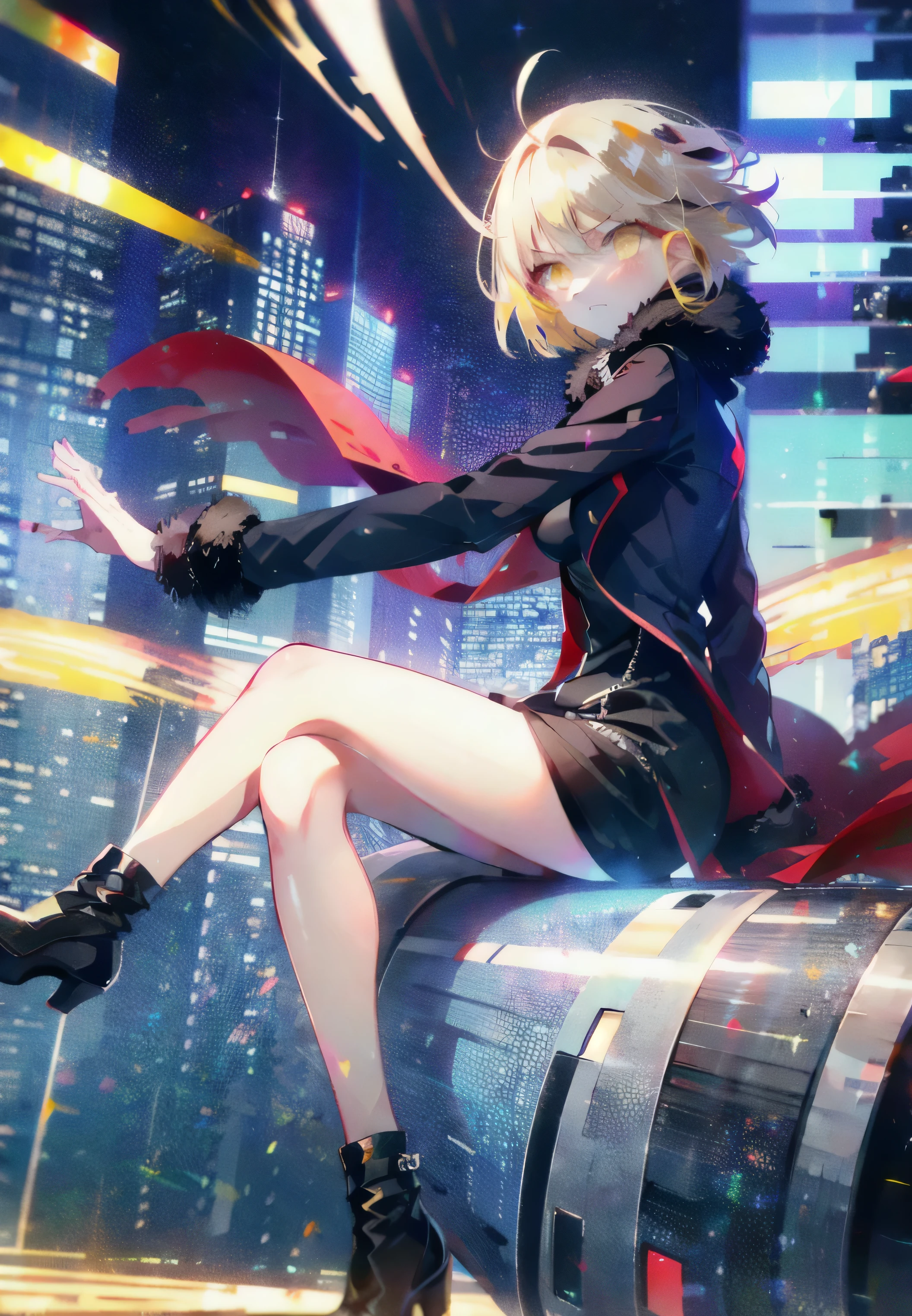 (masterpiece), (HDR), absurdres, (best quality), (ultra high quality), (hi-res), (((sitting))), head tilt, (1girl), solo, alone, mature, ModernCloth, Shinjuku, (yellow eyes), ((short hair)), beautiful detailed eyes, ((platinum blonde hair)), BREAK, dynamic poses, looking away from viewer, blush, city