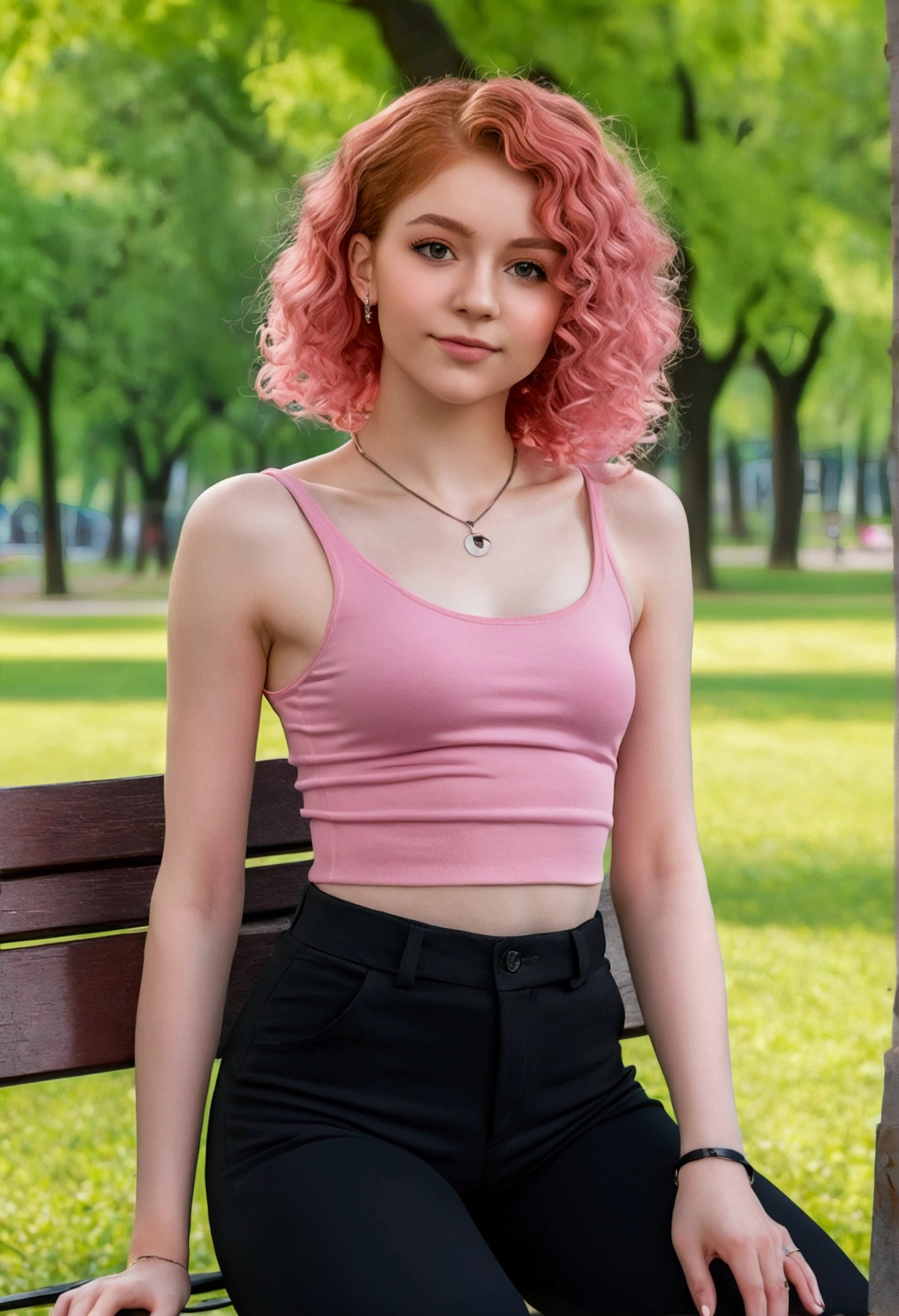 thin girl., (20 years: 1.5), (He was wearing a pair of fashionable black trousers.: 1.3), (She was wearing a pink crop top.: 1.3), Sitting on a chair in a park. realistic anatomy. almost white skin that highlights her beauty. Short curly red hair that reaches her shoulders, detailed attractive face, beautiful smile, provocative and sensual. look at the viewer, natural park environment, Warm daylight."