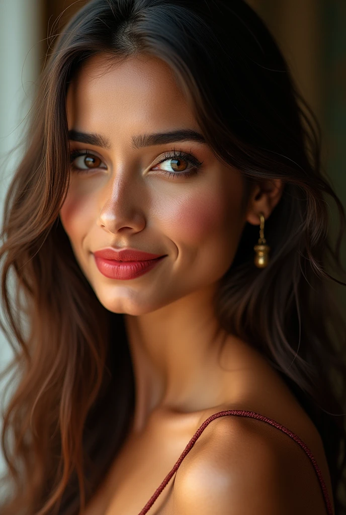 A heavenly Asian Indian, teacher and incredibly beautiful. 
Sua pele beijada Pelo sol, Captivating honey eyes, and flowing brown hair immediately catches the eye. 

The portrait appears to be a high resolution photograph., capturing every detail to perfection. 
Her red lips are full and attractive, It exudes a seductive charm. 

The overall image quality is exceptional, natural with impressive details. an identical woman, Face, Pelo. 
A beautiful smile.

