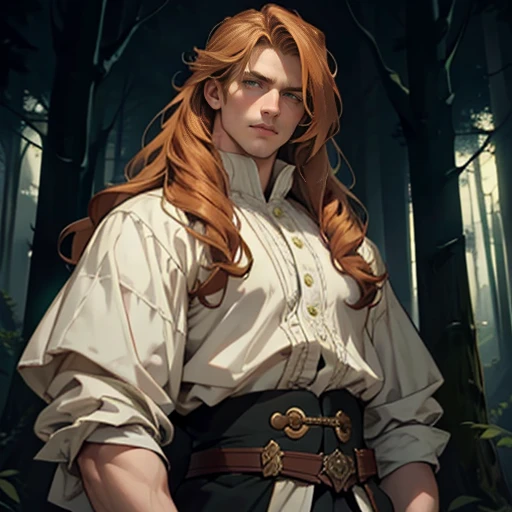 handsome young man, long ginger hair, hair down to waist, green eyes, stoic expression, plump lips, pale skin, broad frame, strong, Victorian esque clothing, dark woods background, dark lighting