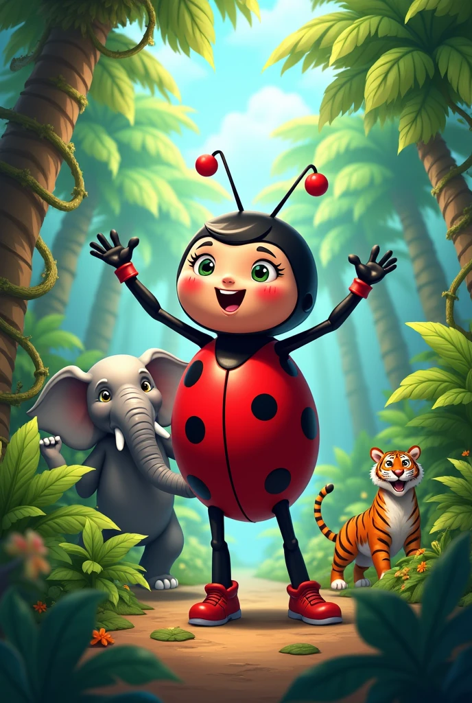Create a cartoon ladybug celebrating in the jungle that beat an elephant and a tiger