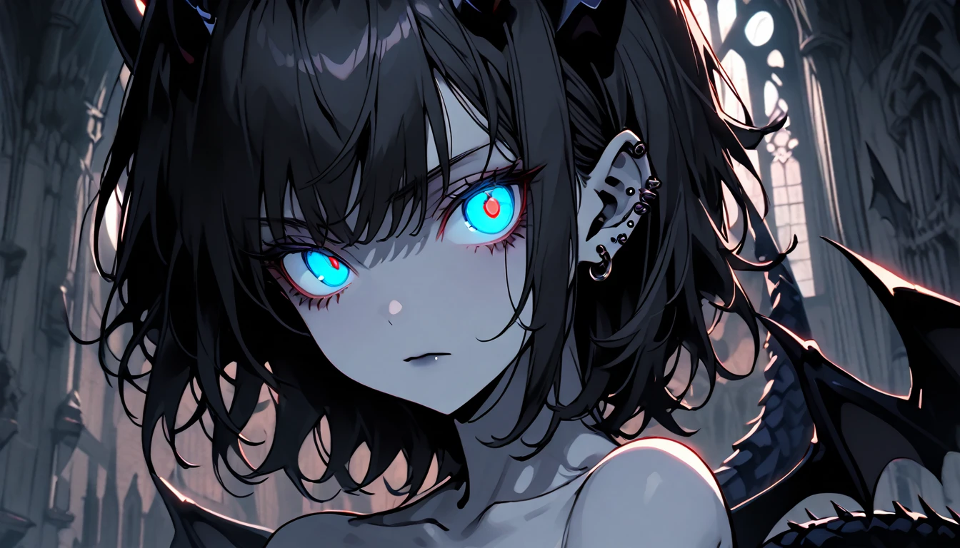 solo, female, close up, gargoyle, grey skin, piercing sapphire blue eyes, glowing eyes:0.2, short spiky hair, jet black hair, athletic, muscular, small breasts, grey bat wings, grey spade tail, pose, horns, nude, night, cathedral rafters, bored, casual pose, featureless body