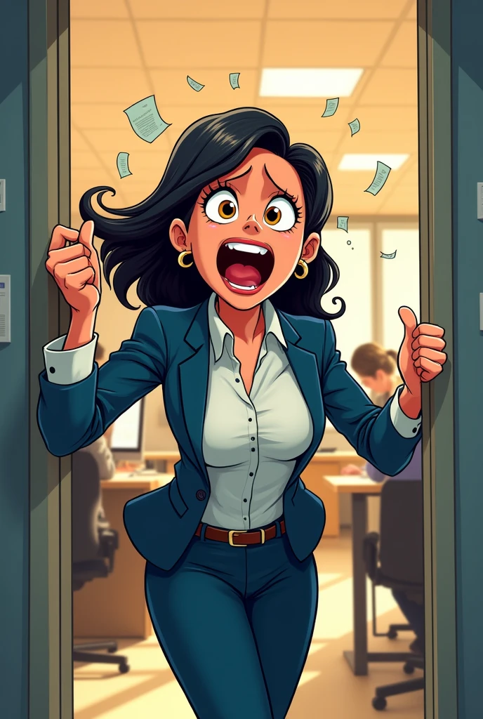 Lady employee shouting from a door, animated for a comic