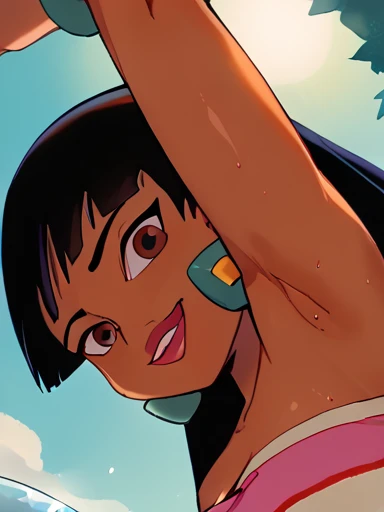 score_9, score_8_above, score_7_above, score_6_above, score_5_above, score_4_above, BREAK, fountain_dibujos cheered ups, fountain_cheered up,1 girl, Chel, black fur, by the wide, blunt bangs, Brown eyes, Dark skin, lipstick, tube top, neckline,( bare shoulders,wide shoulders) , earrings, Police photo, looking at the viewer, arm behind head, armpits, steam, vapor, arm up, raised arm, armpit, (from side, from below:1.4),confused,(show off armpits,upper body:1.4),naughty smile,