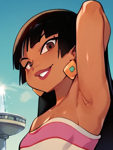 score_9, score_8_above, score_7_above, score_6_above, score_5_above, score_4_above, BREAK, fountain_dibujos cheered ups, fountain_cheered up,1 girl, Chel, black fur, by the wide, blunt bangs, Brown eyes, Dark skin, lipstick, tube top, neckline,( bare shoulders,wide shoulders) , earrings, Police photo, looking at the viewer, arm behind head, armpits, steam, vapor, arm up, raised arm, armpit, (from side, from below:1.4),confused,(show off armpits,upper body:1.4),naughty smile,