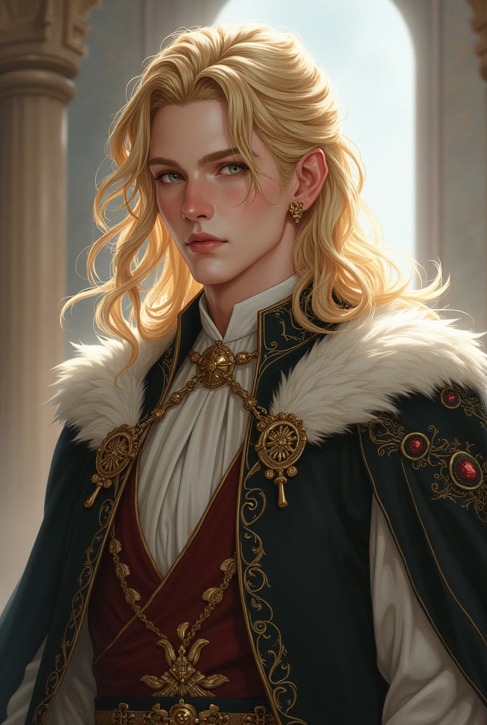 A MALE RPG cleric character of noble lineage, whose appearance is medium long blonde hair with a braid in the front, very sophisticated clothes for a Cleric, has light eyes and white skin