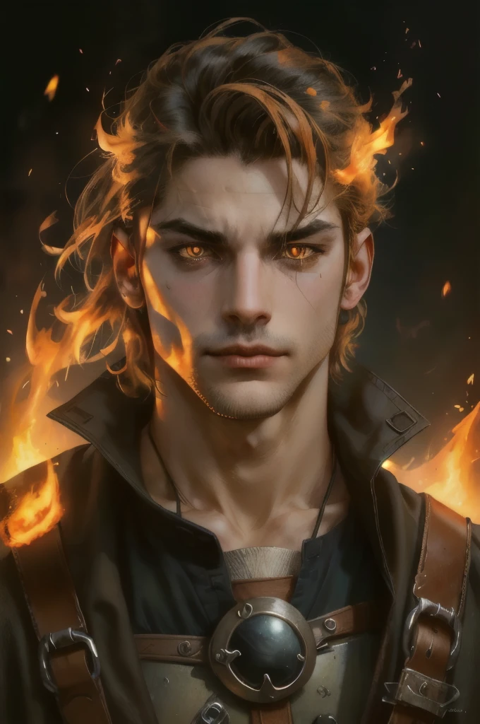 Male , Portrait, Hot, Orange fire Aura, Medieval, mechanic, evil face