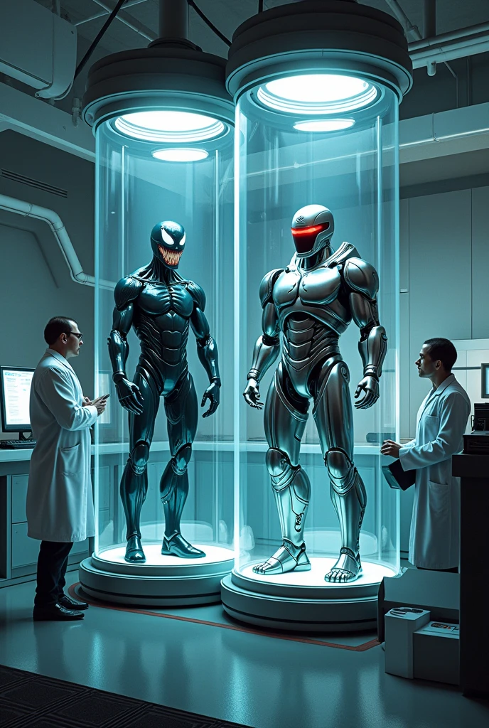 Venom and Robocop、genetic research institute。There is a large glass cylinder used for scientific experiments。They are each contained in a cylinder。
