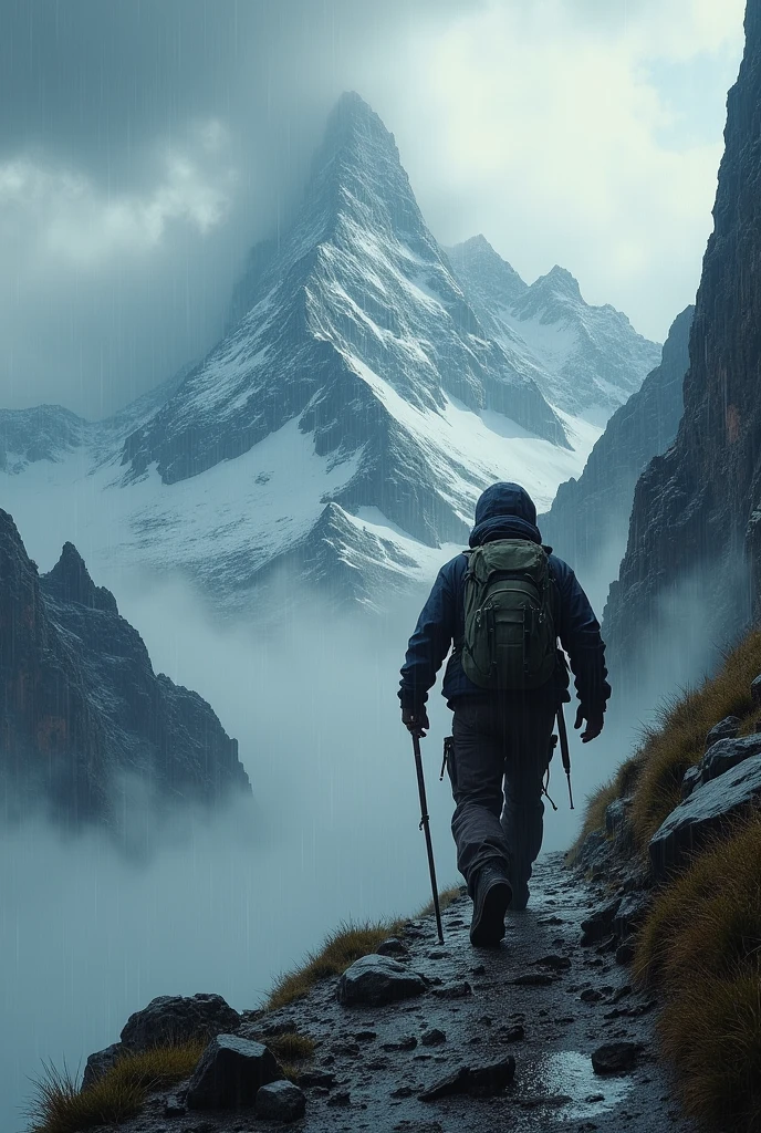 : A lone hiker climbing a steep mountain under a stormy sky.