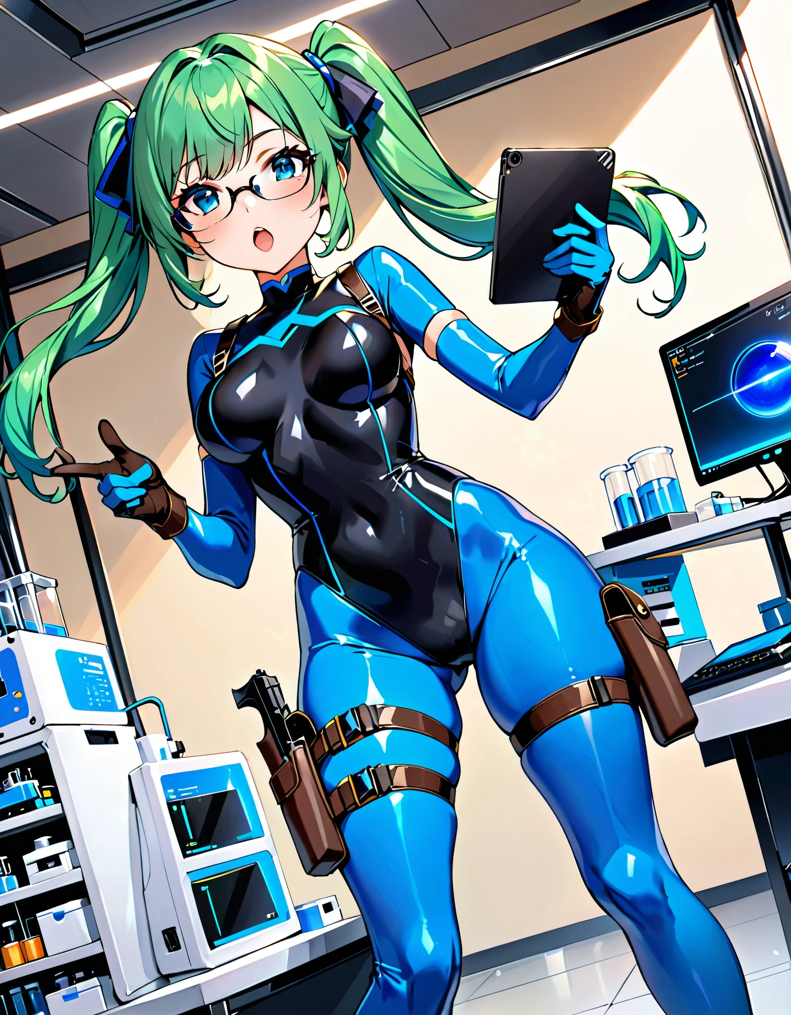 masterpiece, highly detailed, best quality, high quality, 1girl, (solo, solo focus), blue eyes, (cute eyes), beautiful detailed eyes, beautiful detailed face, perfect hands, complete fingers, perfect anatomy, perfect proportions, full body, gloves, green hair, pigtails, (blue skintight bodysuit, (black leotard)), kochiy sanae, open mouth, (pistol holster, thigh holster, thigh strap), (full blue pantyhose, skintight, perfect fit), ((glasses)), black boots, matching boots, fingerless gloves. laboratory, computers, holding tablet, curious look, standing. full body costume design