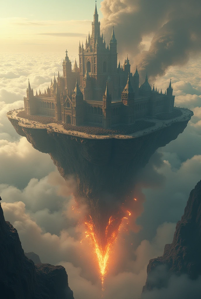 a medieval metropolis on a flying island amidst the clouds, in free fall and being destroyed and burn a little bit