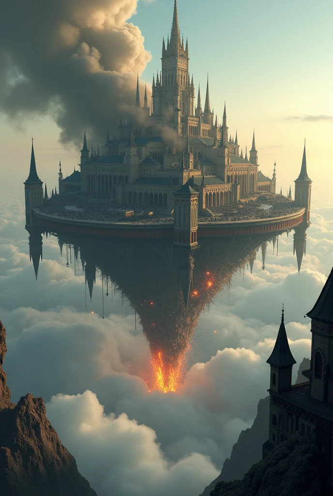 a medieval metropolis on a flying island amidst the clouds, in free fall and being destroyed and burn a little bit