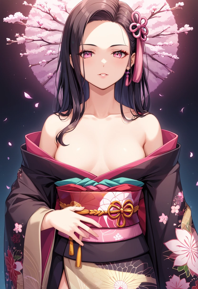 Create an image that features a young woman, exuding a sweet and enigmatic aura. Use an anime style with clean lines and stylized design to emphasize her features. The color palette should be soft, with predominantly pink tones in her kimono, contrasted with a dark brown coat to create a warm and welcoming atmosphere. The background should be a light beige, providing a neutral setting that highlights her figure. The composition is centered, with her looking directly at the viewer to establish a strong visual connection. Evoke a sense of mystery and tenderness through her innocent expression and wide-open pink eyes. Her outfit should be a geometric-print kimono with a pink sash, adding intrigue. Her long, dark hair with red tips, should feature a pink ribbon, with no bangs and her forehead bare. Use soft, even lighting to accentuate her facial features and vibrant colors without harsh shadows. The woman should be in a static pose, with her hands relaxed at her sides, conveying calm. This should be a digital illustration with a polished finish, highlighting rich details and vibrant colors.
