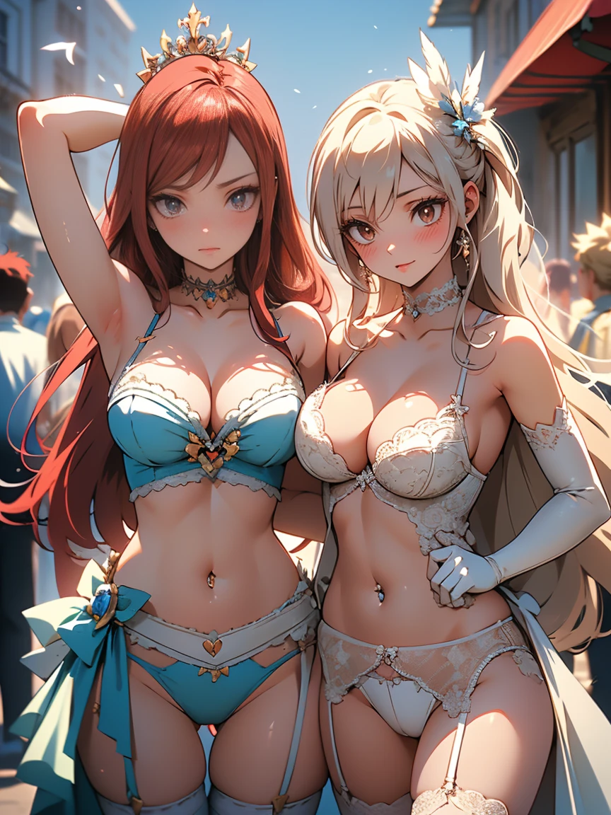 2 women, photoshoot poses, Erza Scarlet and Lucy Heartfilia posing together,  ((Erza Scarlet) Red hair, by the wide, Horse tail, white ribbon, hair over one eye, brown pupils, big breasts, clavicle, in elbow gloves, carnival costume, costumebzc, touched, feathers, Empanadas, nipple slip, shirtless, high thighs, black panties, garter belt, showing the sternum, showing the stomach, navel piercing, choker), ((Lucy Heartfilia) rubio, by the wide, blue bow in hair, brown pupils, white and blue carnival costume, costumebzc, touched, WHITE SOCKS, white garter belt, white bra), blush, city street, crowds in the street, giant , evening, (both women, posing together, hands behind head, dynamic pose), blush, tongue out, (Ahegao:1.2), Normal eyes, looking at the viewer