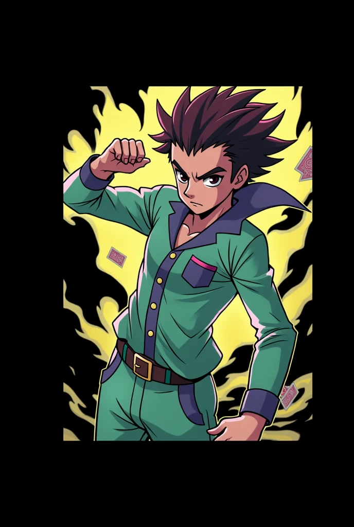 Create an art in the style of this image but of the character Hiusoka from Hunter x Hunter pink hair steals white and pink joker cards like the anime the character is Hiozoka