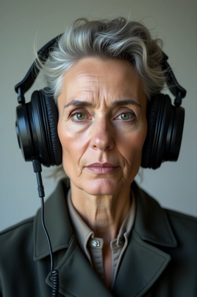 A photo of Madame Curie with large headphones facing forward