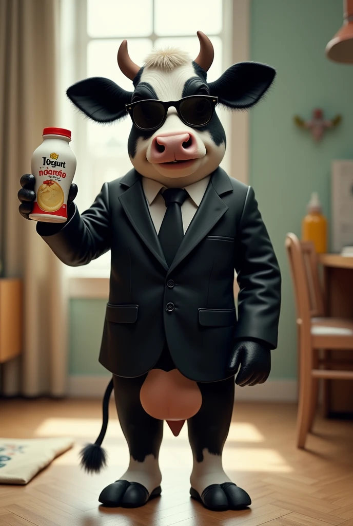 A medium sized cow, smiling, 2-legged stand, dressed in a full-body black suit, has no udder, She doesn't have tits , with black leather gloves, with black sunglasses, holding a bottle of yogurt in his right hand.