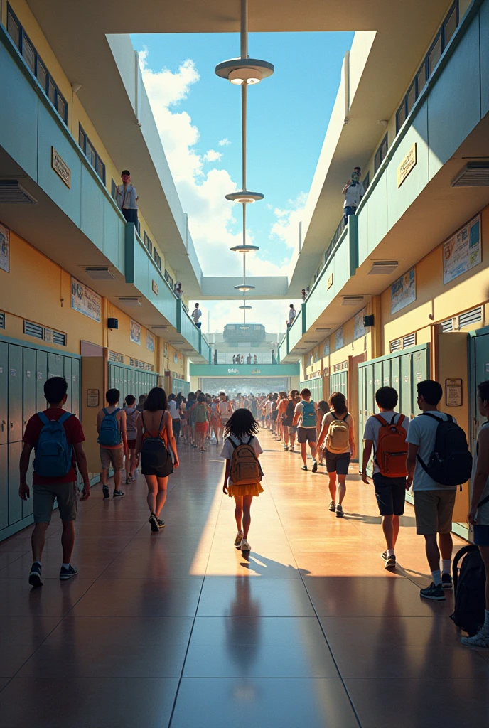 Diego&#39;s school (for the end)
Description:

the school environment, with hallways full of lockers and visible classrooms.
There is a common area where students gather before and after school..
The design is modern, with walls decorated with educational posters and advertisements.