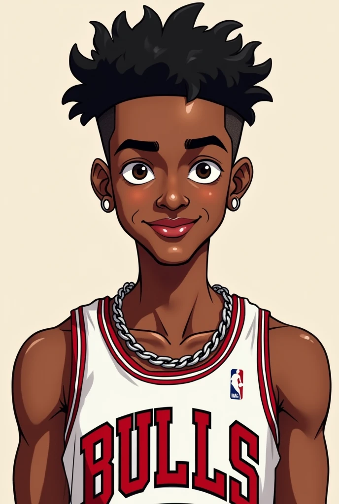 Style manga, a 2 black man, frizzy hair shaved on the sides, Brown eyes, flat nose and thin lips.he doesn't have earrings. He smiles a little shy but charmingly.. He is wearing a red and white Chicago Bulls tank top.. Autour du cou il a une chaine en argent
