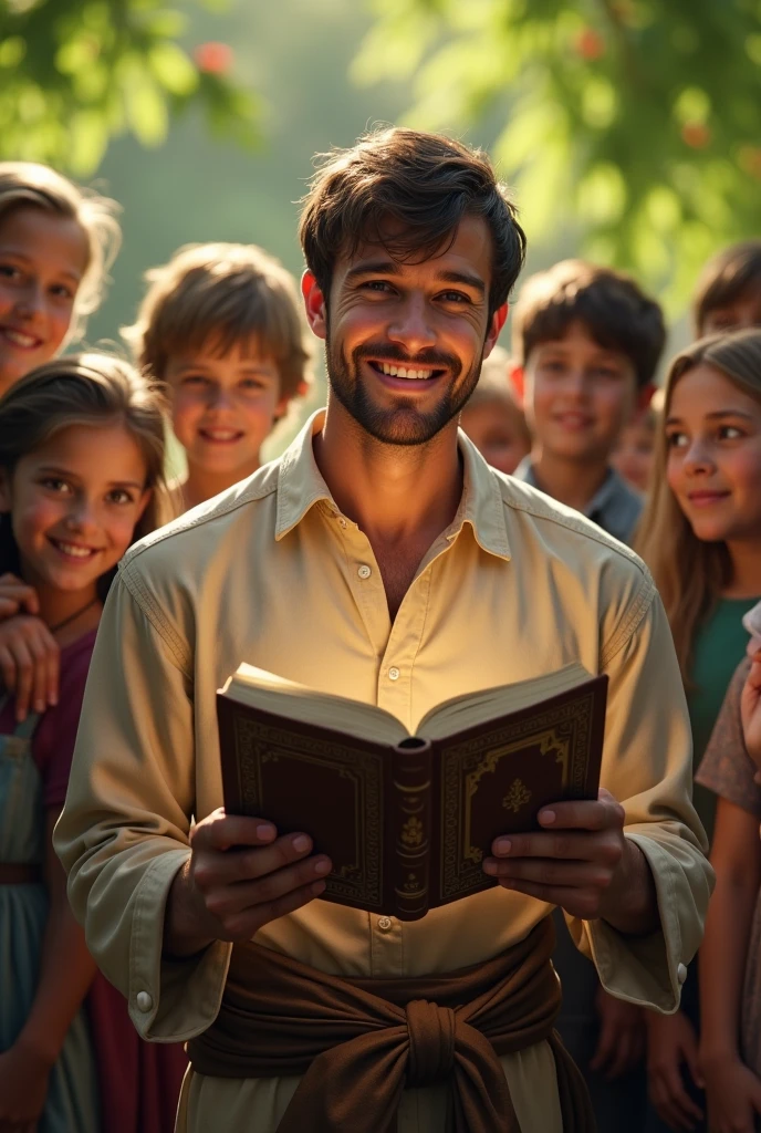 (photorealism:1.2), (8k) A young man with a bible in his hand with a group of children