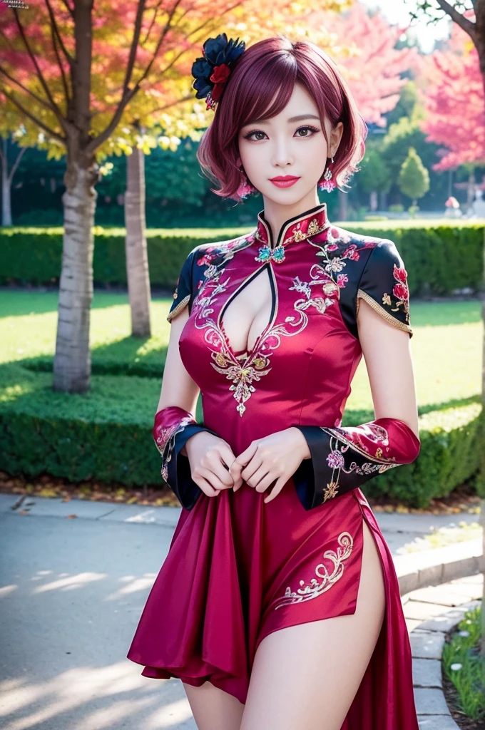 (masterpiece:1.4), (best quality:1.4), ultra high res, ultra high resolution, ((detailed facial features)), HDR, (realistic, photorealistic, photo-realistic:1.37), full body Esbian, y Vietnamese model, (-anime), vivid colors, ((vivid colors multicolor (red, pink) very short hair)), (happy smile), lip-gloss, long lashes, ultra detailed metallic makeup, defined eyebrows, wearing large sparkling colorful jewelery, wearing a red silk Paradise Kiss cosplay dress with black floral embroidery, ((vivid colors outfit)), vivid colors, look at the camera, cinematic light, large park background with trees, sweet and sexose