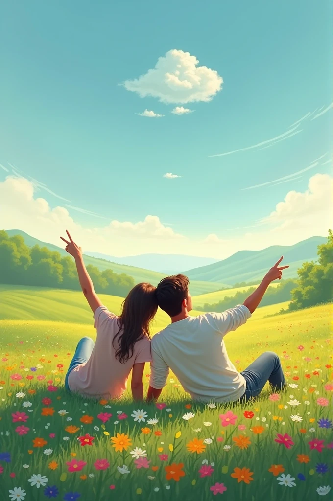 A book cover called Traces Of Love, containing a man and a woman lying in a field of flowers pointing to a cloud in the sky