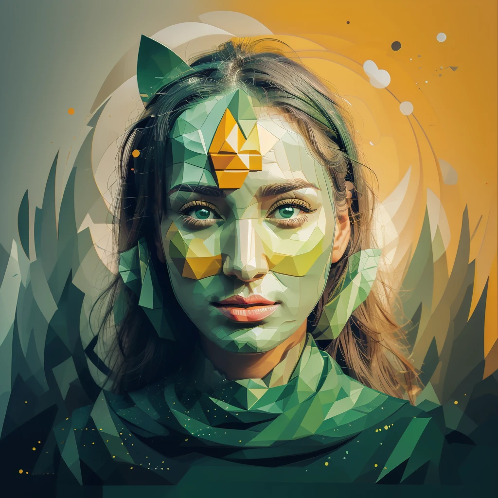 Abstract summer, minimal, vector, mix of natural and geometric, 2D, mostly using color code dark green and mustard palette, dark gray green, dark green mustard pastel color, using very little dark green warm colors with tonal combination With green and mustard color, the face should not be realistic and photographic, particle face, the face should be geometric and abstract cubism. Style, different face styles, dark gray green, face blend with background